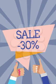 Conceptual hand writing showing Sale 30. Business photo text A promo price of an item at 30 percent markdown Man woman hands thumbs up approval speech bubble rays background