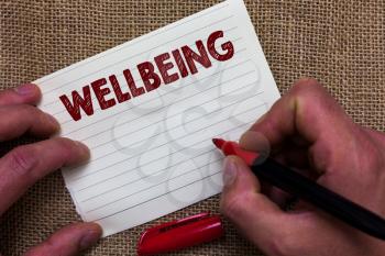 Writing note showing Wellbeing. Business photo showcasing A good or satisfactory condition of existence including health Man's hand hold white paper with symbolic letter jute sack background