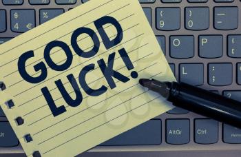 Conceptual hand writing showing Good Luck. Business photo showcasing A positive fortune or a happy outcome that a person can have Notebook paper keyboard Inspiration computer black marker
