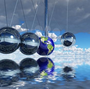 Surreal digital art. Newton's pendulum. One of the balls represents planet Earth.    surreal,art,newton's,pendulum,one,balls,planet,earth,sky,horizon