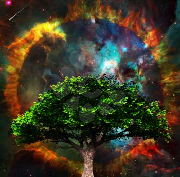 Surreal spiritual composition. Green tree and vivid colorful universe at the background. 3D rendering - (surreal,spiritual,green,tree,vivid,colorful,universe,fire,portal,life)