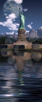 Terraformed moon above Manhattan. Liberty statue.