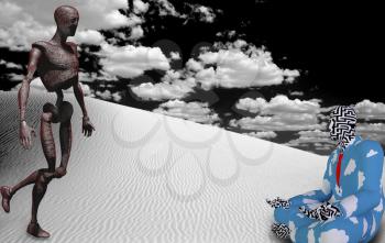Surrealism. Rusted robot and figure of man in lotus pose in white desert. 3D rendering.
