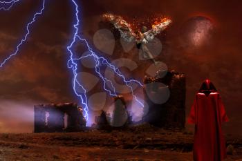 Surreal digital art. Lightning strikes spooky ruins. Figure of man in red cloak. Naked man with burning wings symbolizes fallen angel.