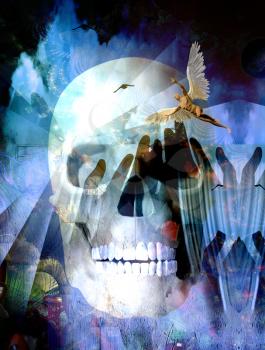 Surreal compositon.Winged Angel and  Death Skull. 3D rendering.