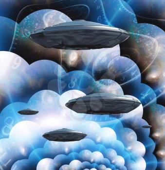 Flying saucers in multi-layered spaces and spirals of time.