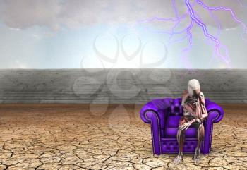 Body sits on purple armchair in arid land