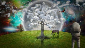 Surreal meadow with horse, astronaut and tree with clouds