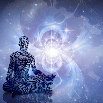 Space Meditation. Man with maze pattern meditate in lotus pose