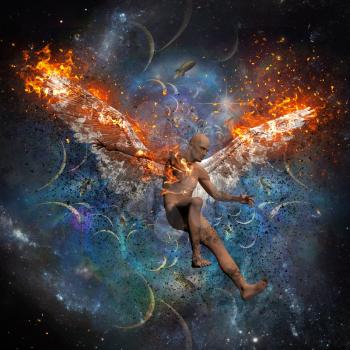 Man with burning wings symbolizes fallen angel. Space and rockets on the background