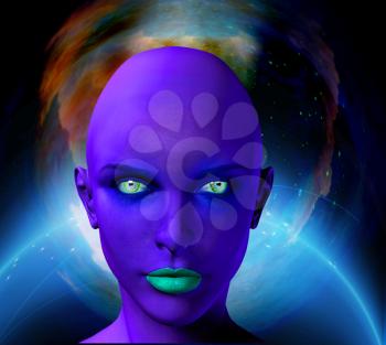 The face of female alien. Colorful universe on a background.