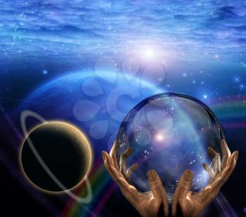 Surreal painting. Crystal ball in prophet hands. Deep space.