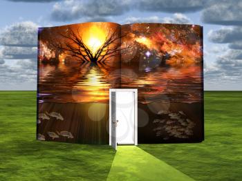 Surrealism. Book with opened door and sunset over the sea.