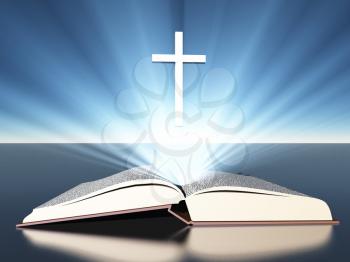 Light radiates from bible under cross