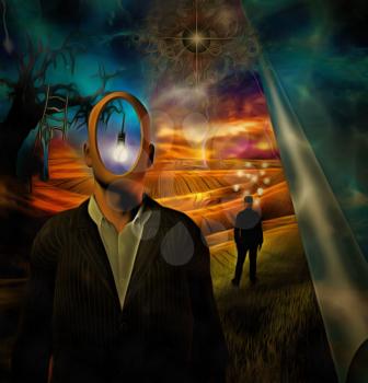 Surreal painting. Man in suit with empty head. Old tree with light bulb and ladder on a branch. God's eye in the sky. Businessman with light bulbs around his head stands in the field.