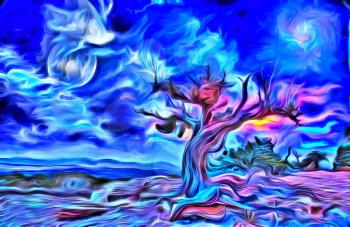 Surreal painting. Old tree, full moon and mystic clouds in the sky. 3D rendering.