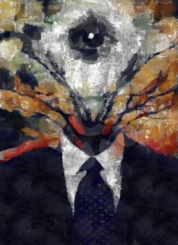 Surreal painting. Man's figure in a suit with tree branches and all-seeing eye instead of head.