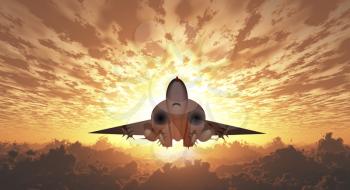Military Jet  in Flight. Sunrise or sunset