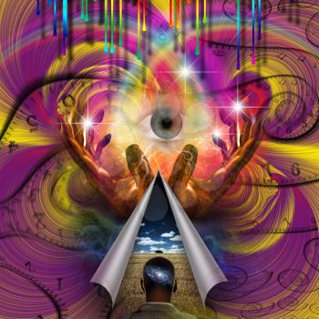 Psychedelic Abstract. Eye of God. Hands of prayer