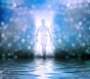 Surreal digital art. Human silhouette walks on a water to the bright light