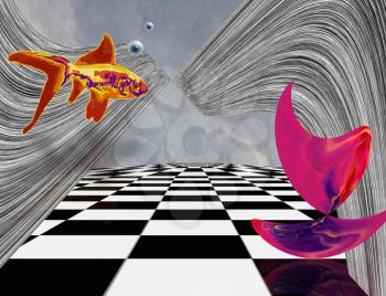 Surreal composition. Pink matter and golden fish on chessboard