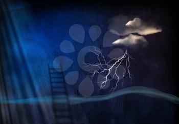 Surrealism. Lightning and cloud, ladder