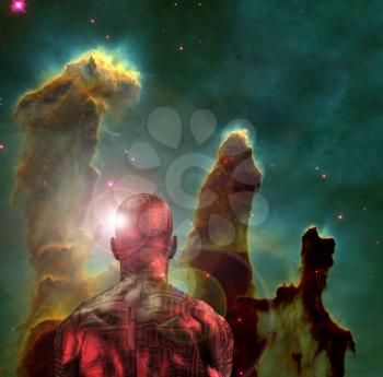 Surreal digital art. Naked man with electric circuit pattern on his skin stands before horse nebula in deep space
