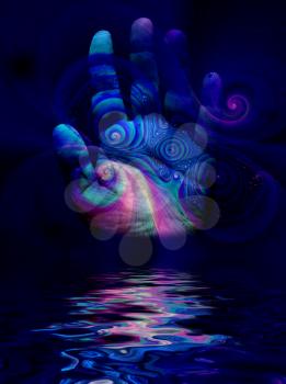 Surreal digital art. Swirling lines and palm reflected in the water