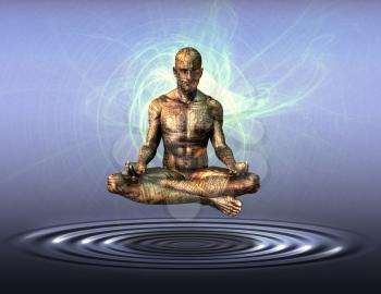 Cyborg Meditation. Droid in lotus pose hovers over water surface