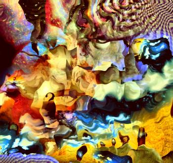 Complex surreal painting. Men with different thoughts and questions. Multilayered fractal.
