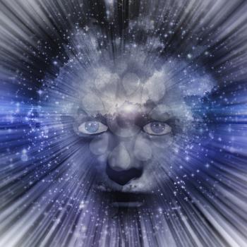 Human face with blue eyes  and clouds for hair is centered in radiating light rays and stars
