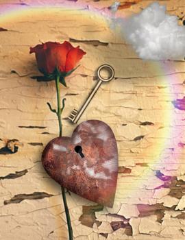 Surrealism. Red rose and rusted heart with keyhole. Golden key. Cloud and rainbow.