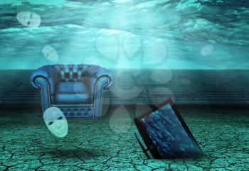 Sunken TV. Chair and floating masks in undwerwater desert