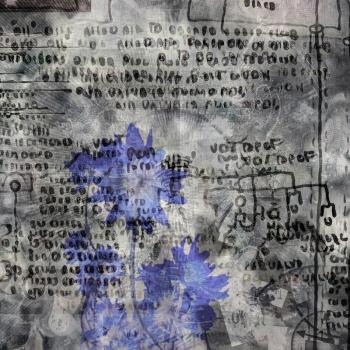 Symbolic abstract with blue flowers and ancient text