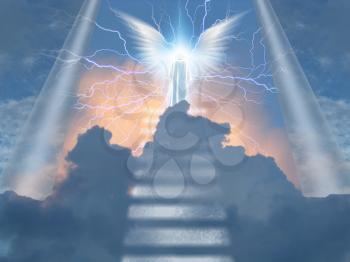 Angelic being atop stairway to heaven. 3D rendering