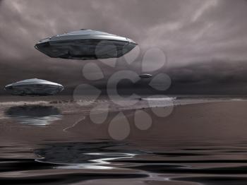 Flying saucers over the ocean. 3D rendering