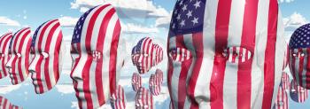 Masks on US national colors background. 3D rendering