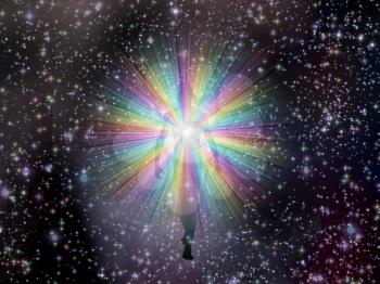 Man in rainbow light and stars. 3D rendering 