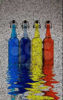 Bottles. Reflection on water. 3D rendering