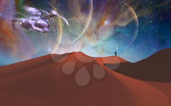 Spacecraft on alien red planet. 3D rendering