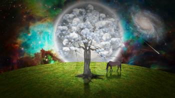 Surreal nature. Tree with clouds. 3D rendering