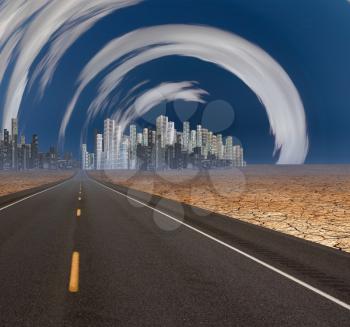 Gleaming city in desert with surreal clouds. 3D rendering