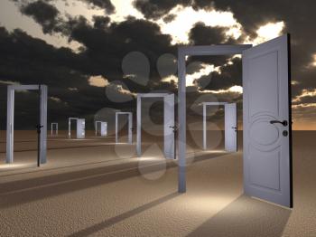Multiple open doors in surreal landscape. Possibilities. 3d rendering.