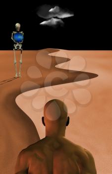 Man before unknown desert. Skeleton hold Earth. 3D rendering