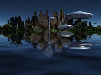 Exosolar planet. Future city surrounded by green forest in ocean. Spacecrafts in the sky. 3D rendering