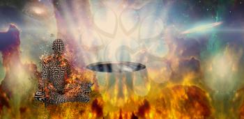 Burning man with maze pattern meditates in lotus pose. 3d rendering