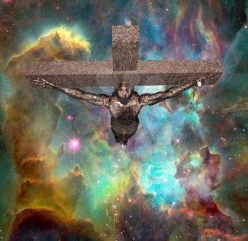 Crucified cyborg in vivid space. 3D rendering.