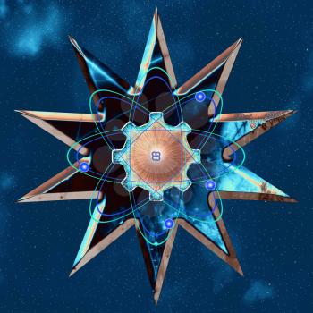 Gear and atom on ten pointed star background. 3D rendering.