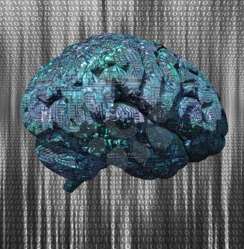 Brain with circuit pattern on binary code background. 3d rendering.