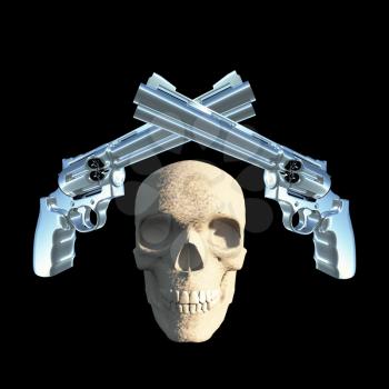 Skull with crossed revolvers isolated on black. 3D rendering.